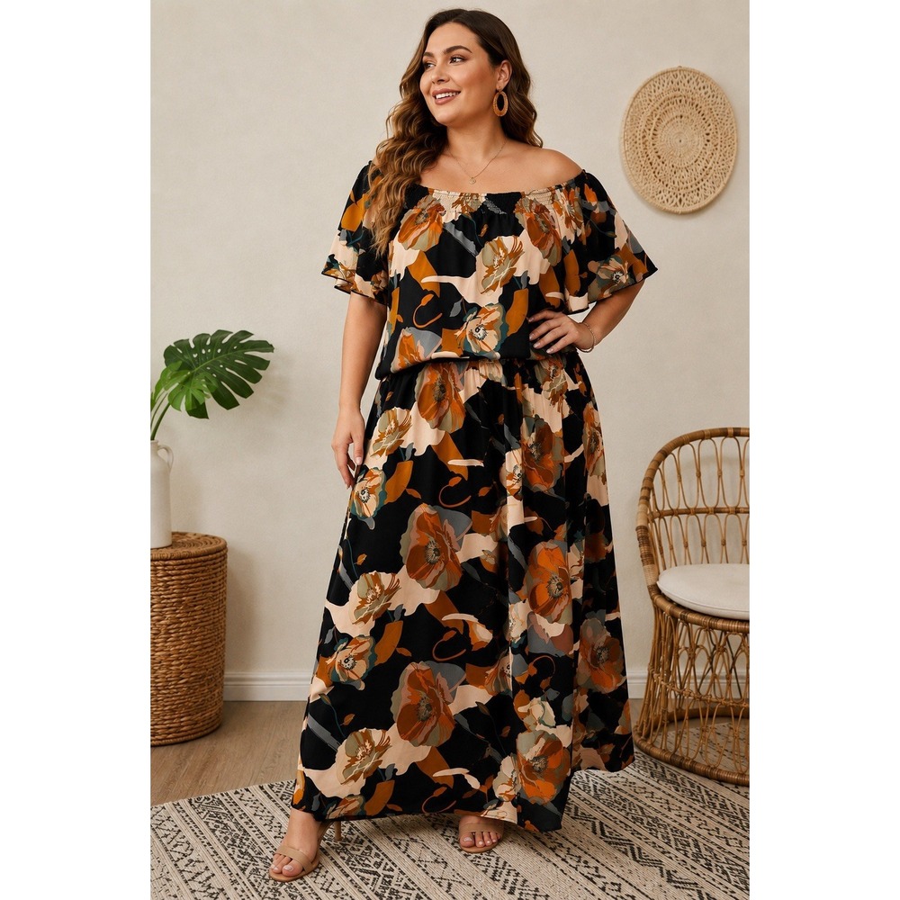 SHEIN Women Curve 2 Piece Floral Skirt Set Off Shoulder Top Matching Outfit 1XL